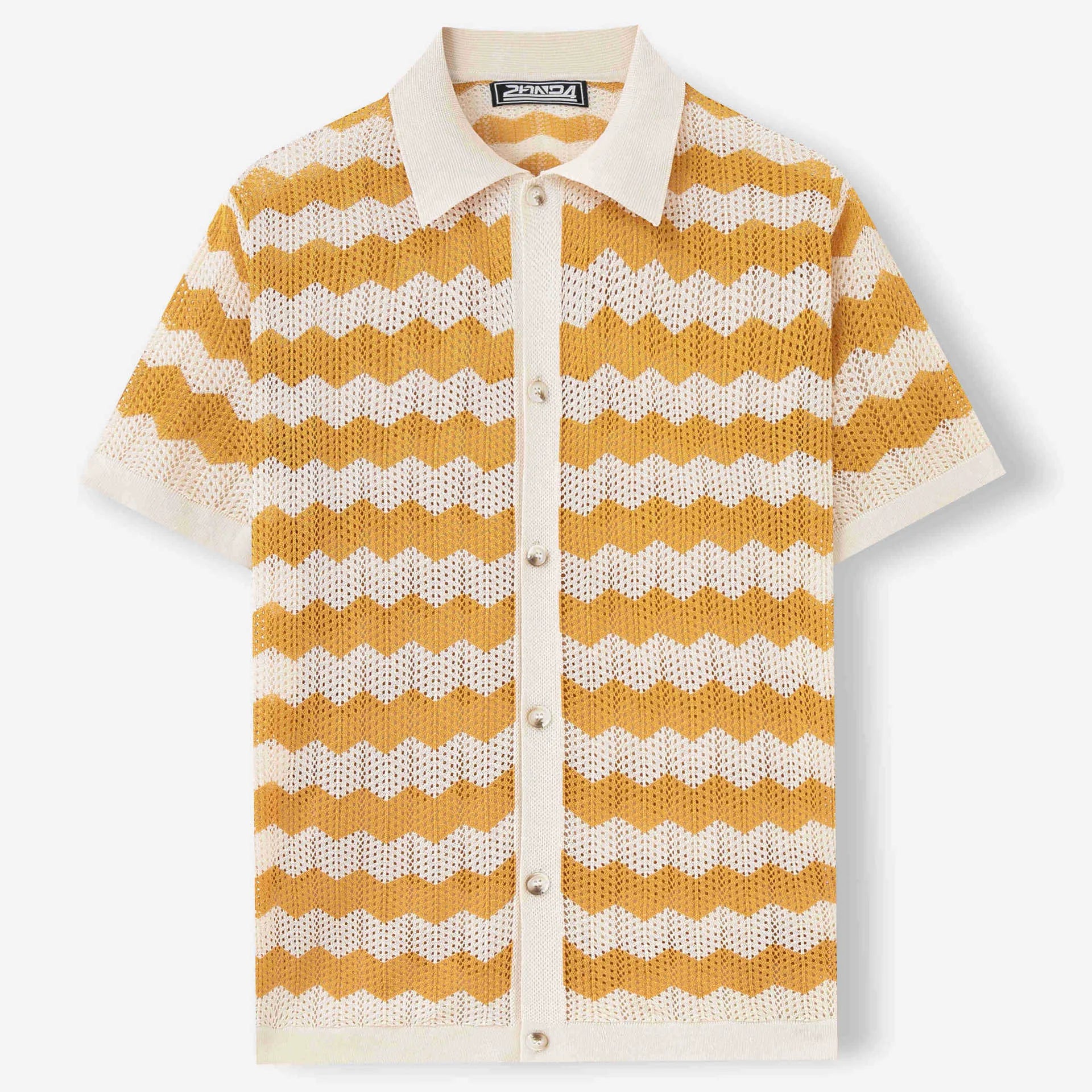 Men's blue short-sleeve sweater with a textured hollow jacquard corrugated pattern.