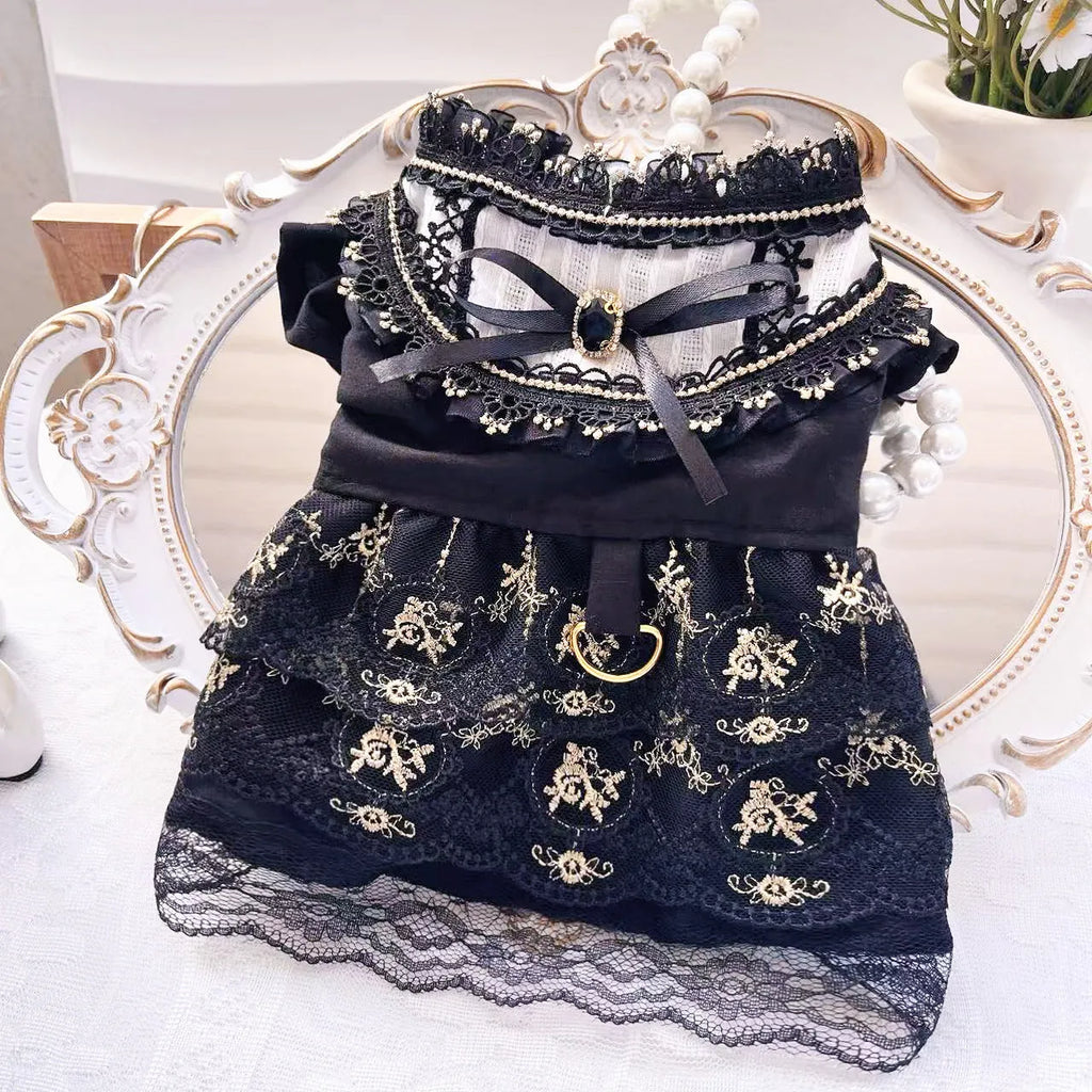 Golden Gothic princess skirt costume for a small dog or cat on a mannequin