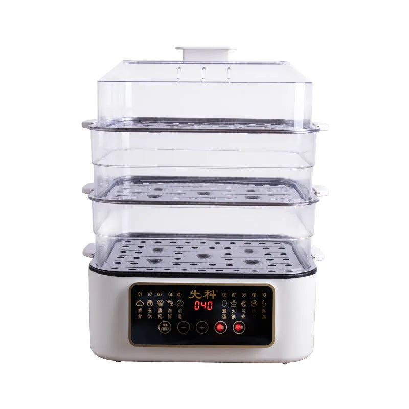28-litre electric steamer with stainless steel rack showing control panel and compact kitchen design