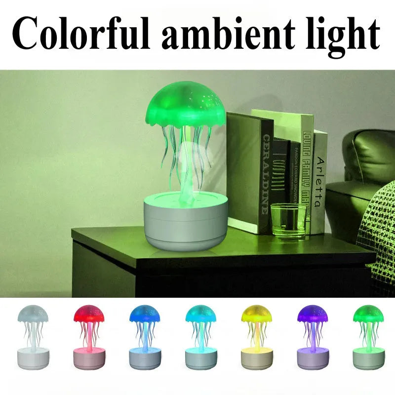 White jellyfish design humidifier and essential oil diffuser with colourful LED night light on desktop
