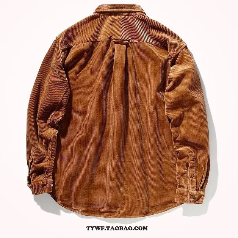 Loose fit corduroy long sleeve shirt in caramel colour, cardigan style with button front