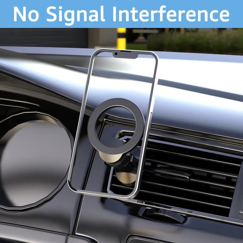 Black magnetic car air vent phone holder with O-ring clip for mobile phones up to 6.8 inches.
