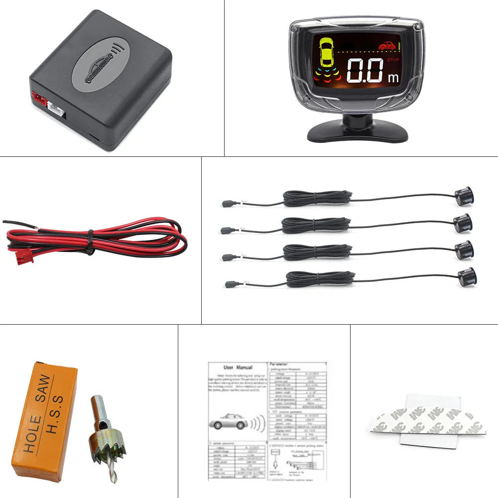 Wireless reversing sensor system with main unit, four probes, digital display, and installation accessories