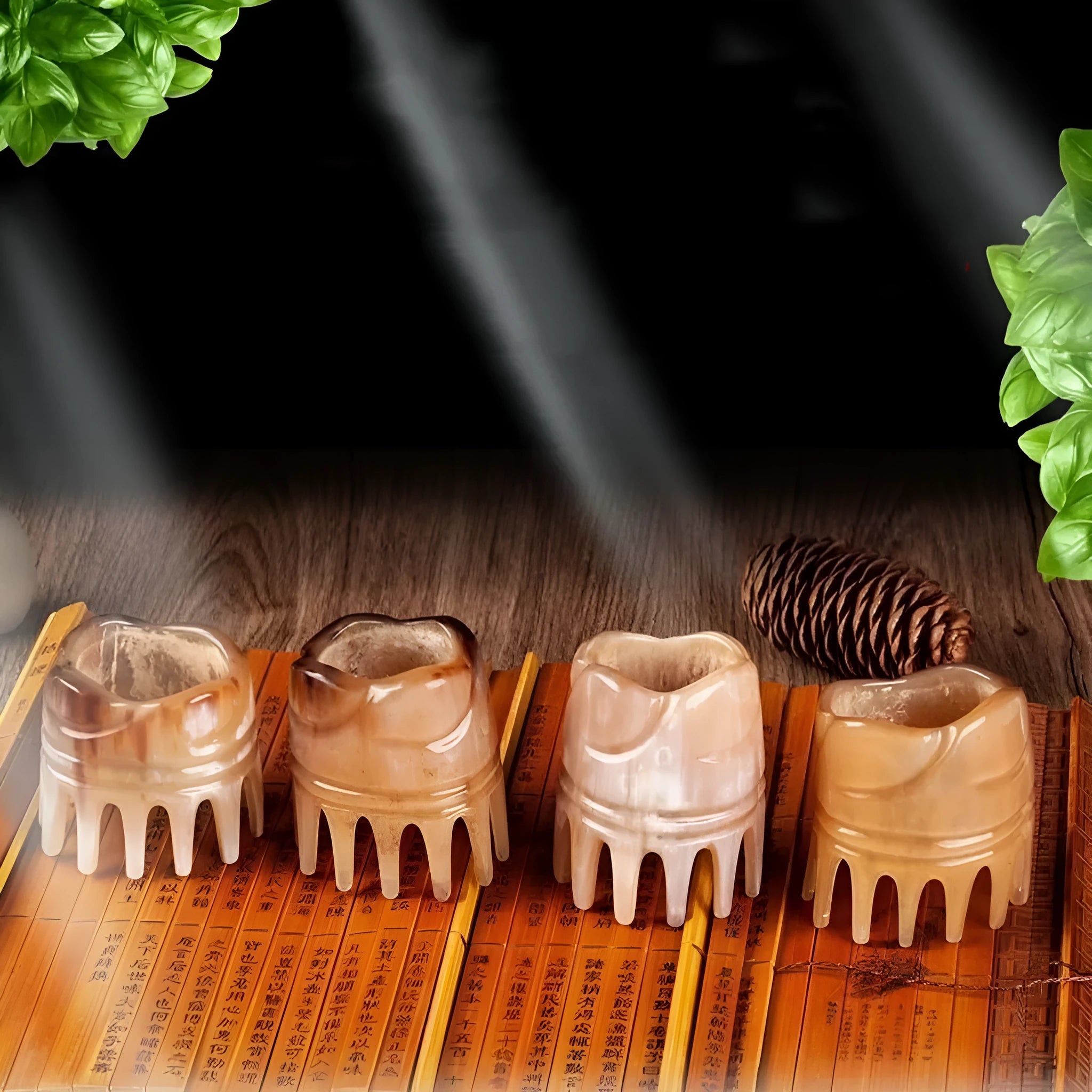 White buffalo horn meridian massage comb with wide teeth and pointed acupressure tips