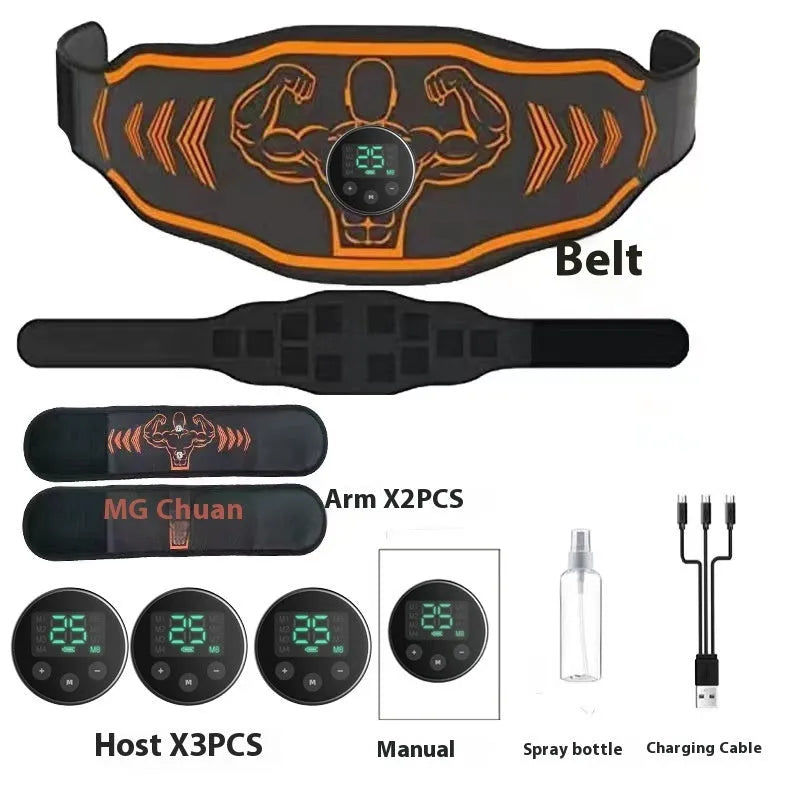 Blue and orange EMS smart massage belts with arm electrode patches and rechargeable host units