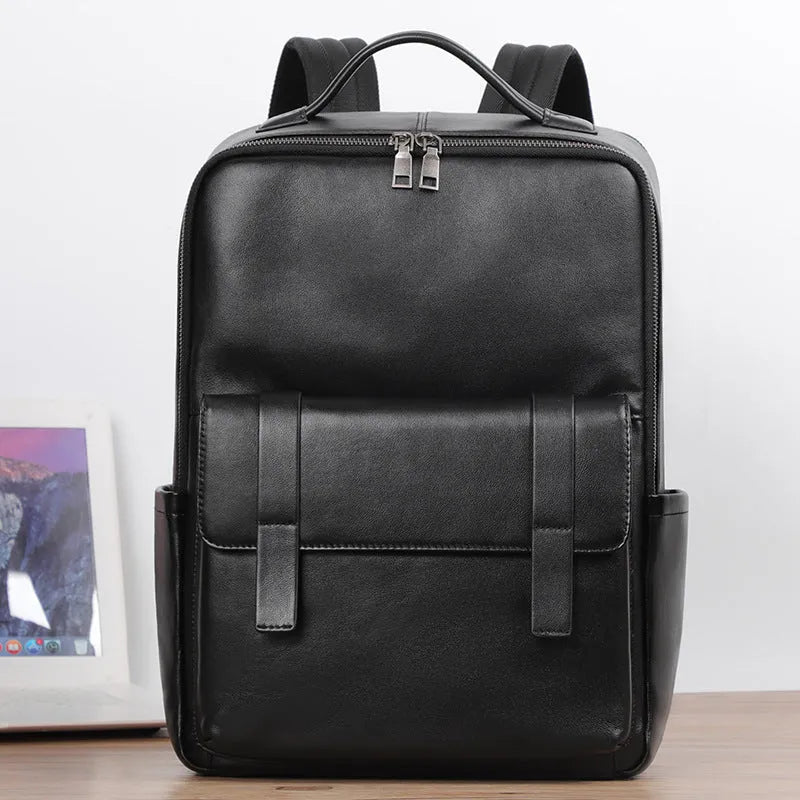 Black genuine leather men's computer backpack with large 55L capacity shown from a side angle.
