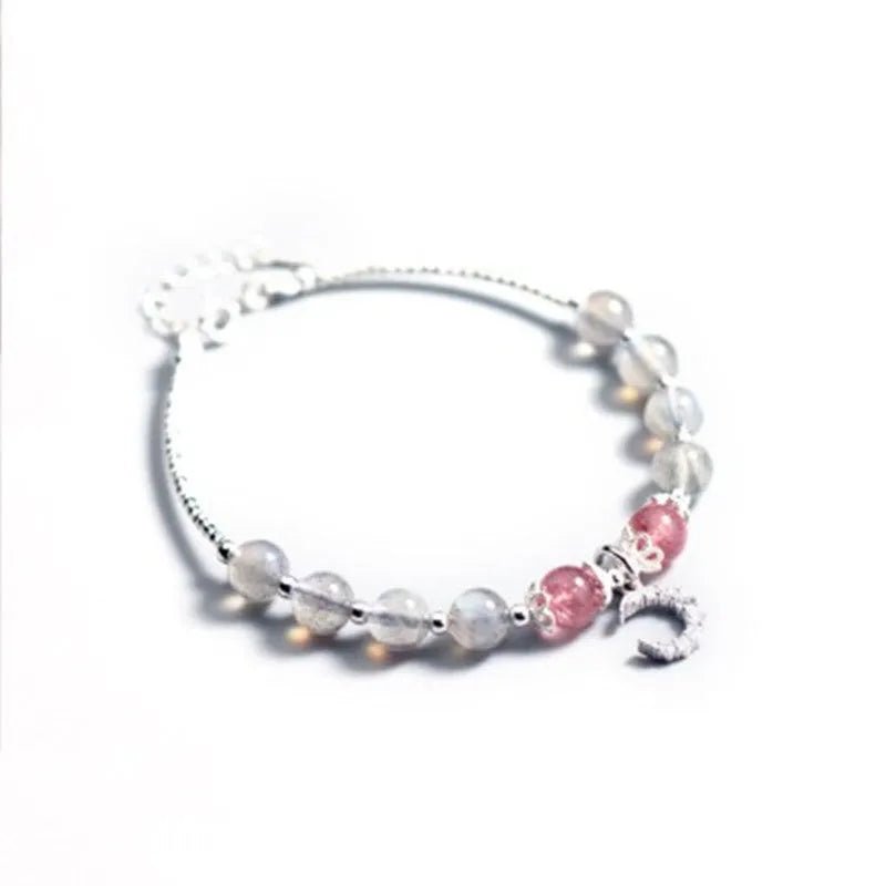 Handmade natural moonstone bracelet with crescent charm on adjustable 16-19cm chain