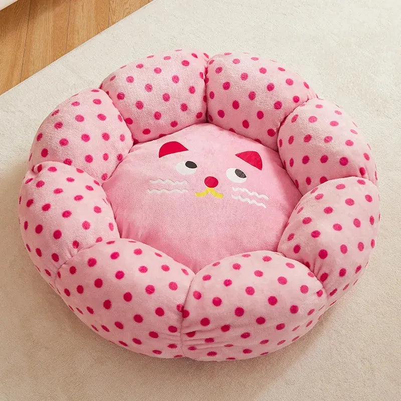 Pink dot pattern fabric cat bed for pets, shown in 45cm and 65cm diameter sizes