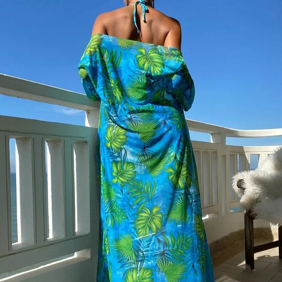 Women's long sleeve bikini set with banded briefs and matching outer robe in floral pattern