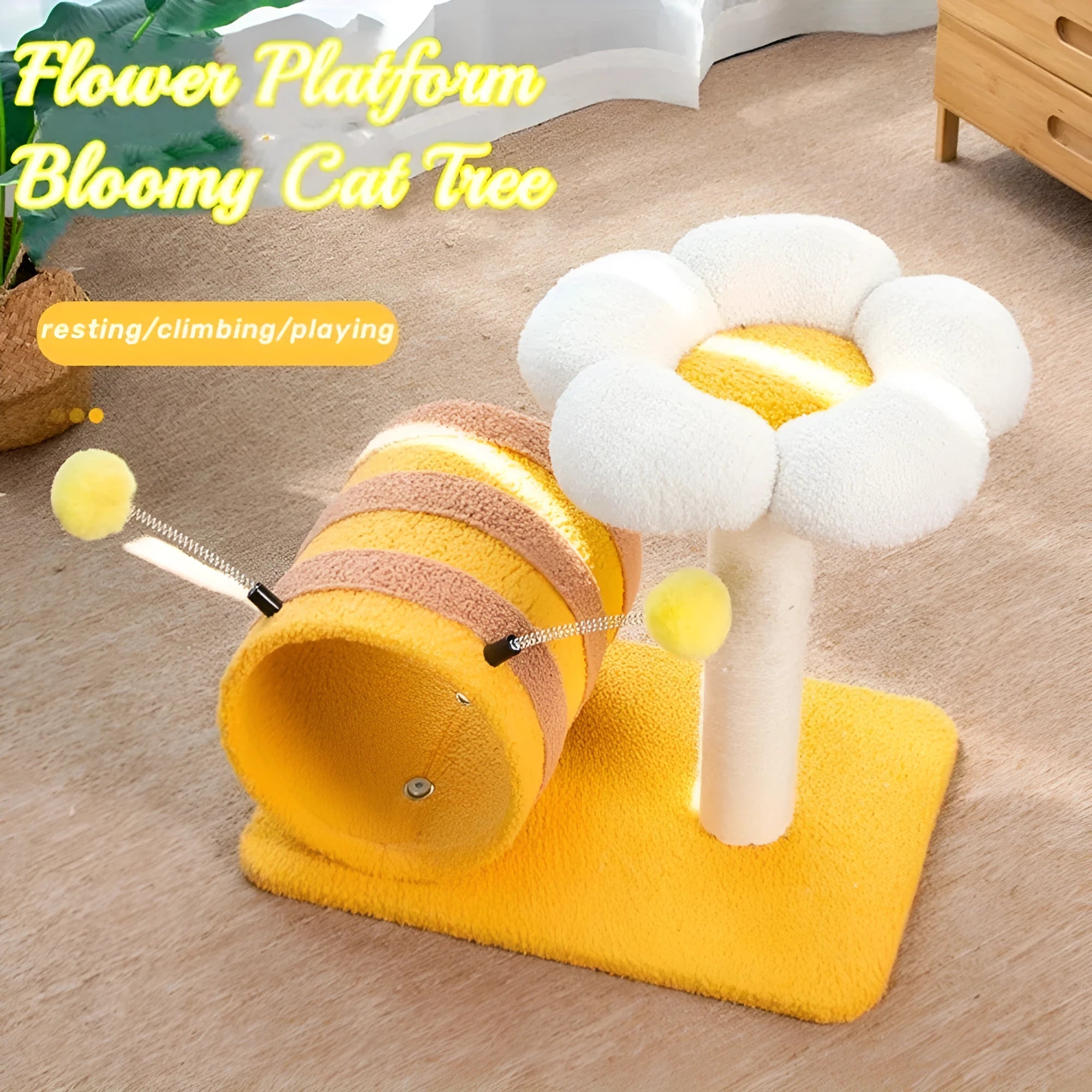 Yellow sisal cat climbing frame with integrated scratching post and tunnel