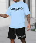 Men's short sleeve pullover top and matching shorts suit set in polyester fabric.