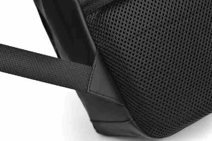 Large black waterproof PU leather backpack with sewing thread detail, shown from a side angle.