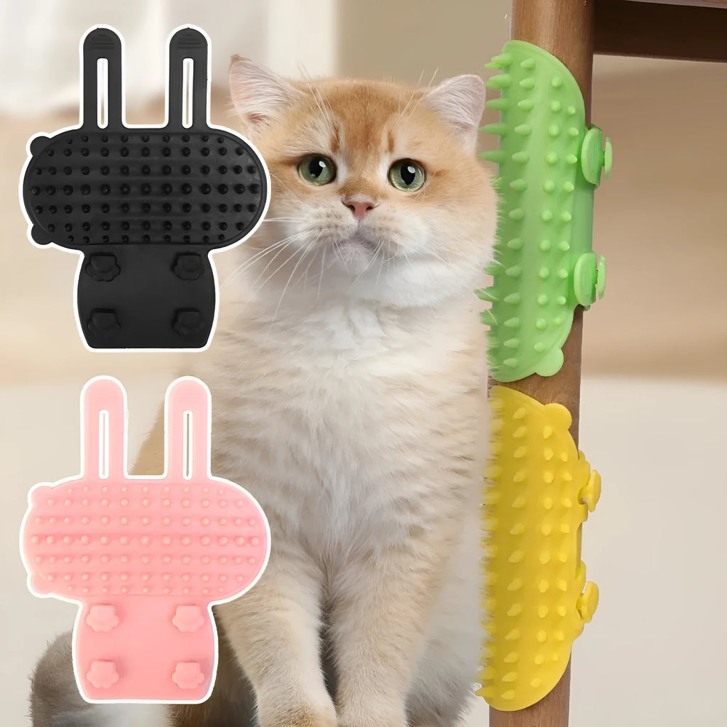 Silicone cat grooming comb with adjustable strap mounted on table leg, showing rounded teeth for pet hair removal