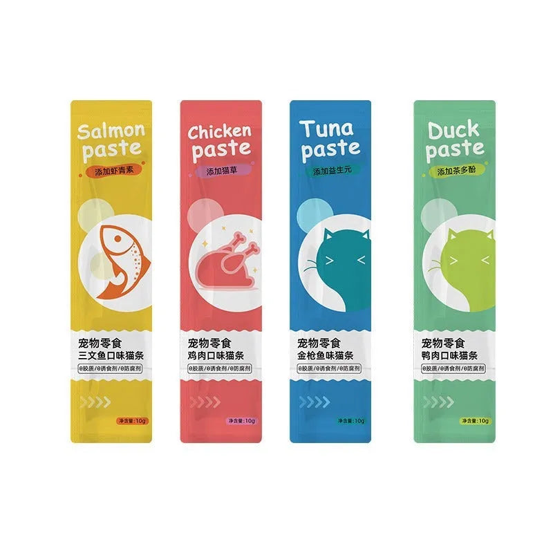 Pack of 10 cat strip snacks for kittens in four flavour varieties