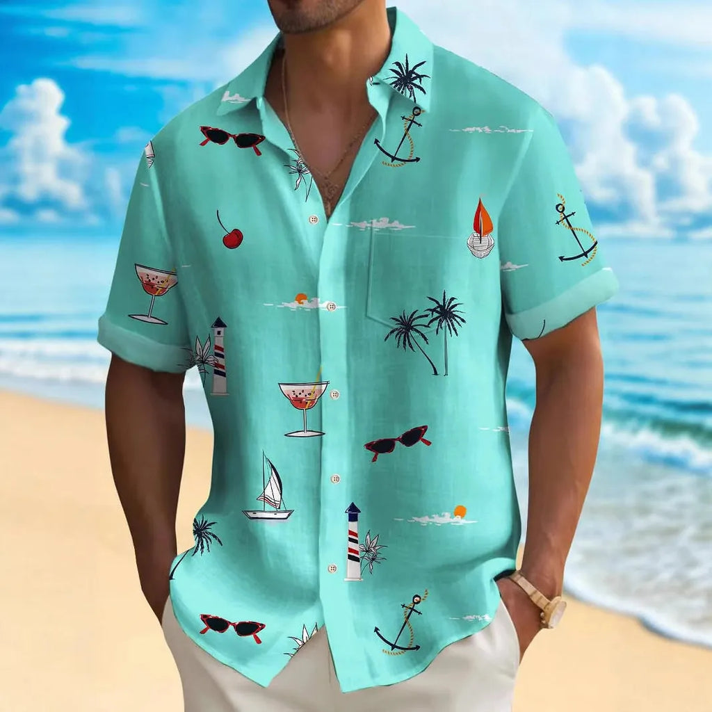 Men's loose-fit Hawaiian shirt with colourful digital print pattern on polyester fabric.