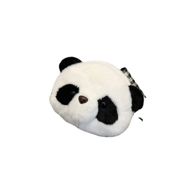 Soft plush crossbody shoulder bag with panda head design, cylindrical shape measuring 18cm