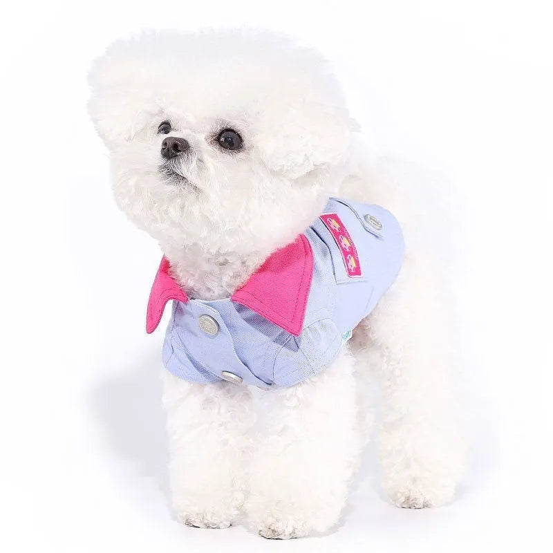 Blue and purple polyester summer vest for small dogs with integrated leash ring in seven precise sizes