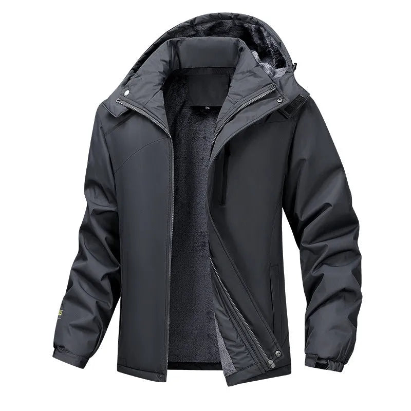 Men's plus size hooded winter coat in Army Green colour showing loose fit and front zip.