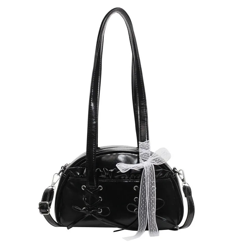 Women's PU bandage bow handbag in milky white with shoulder strap and sewing thread detailing