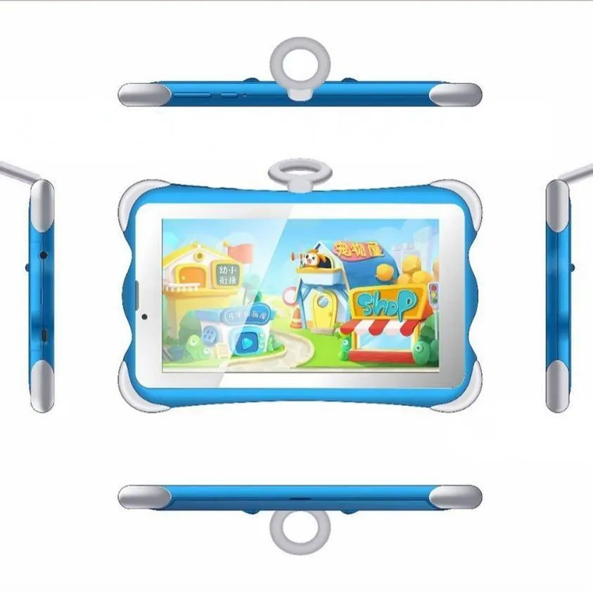 7-inch children's learning tablet in cartoon colours with a stand, showing the screen and 3G call function.
