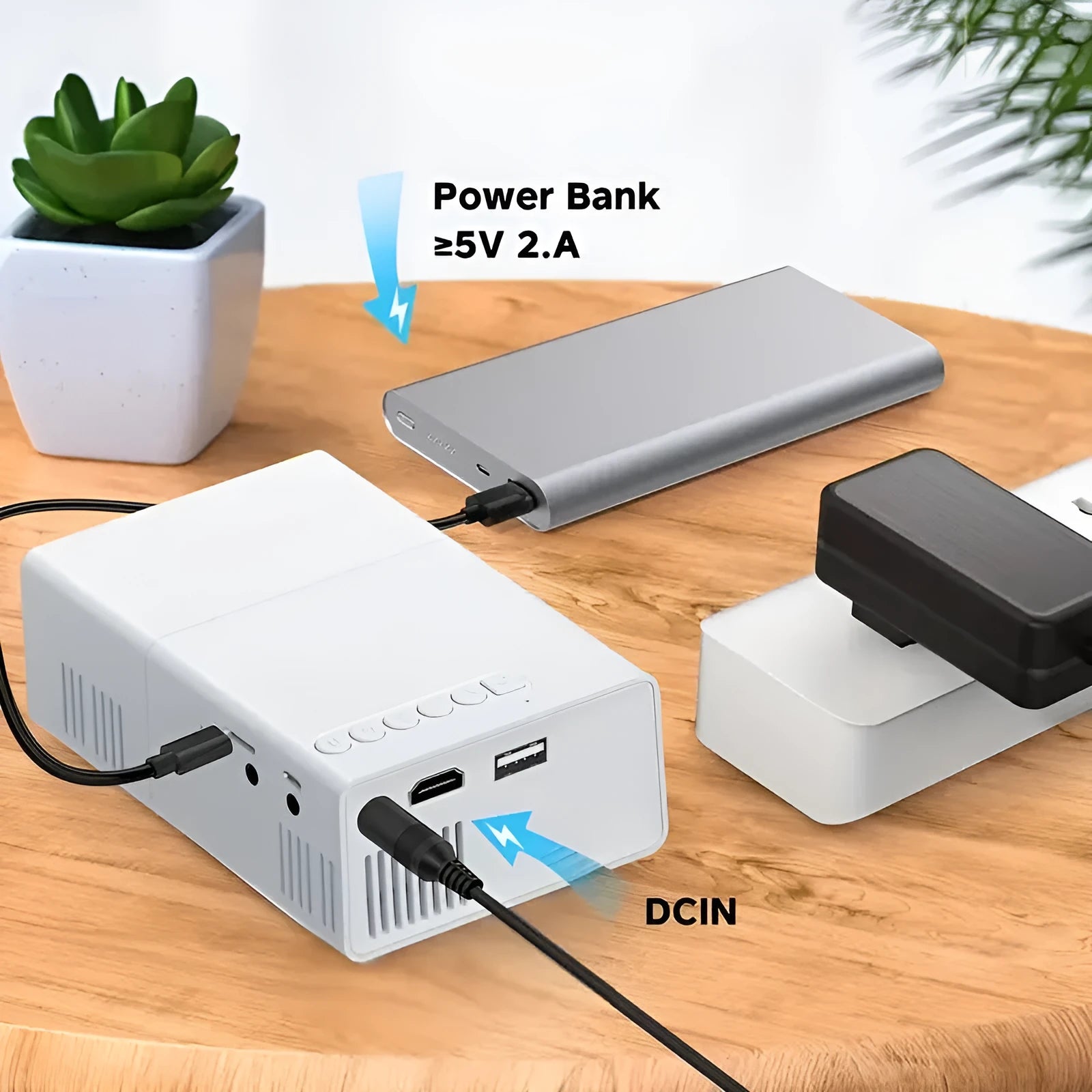 M100 mini LED projector showing 100-inch projection with remote control and cables