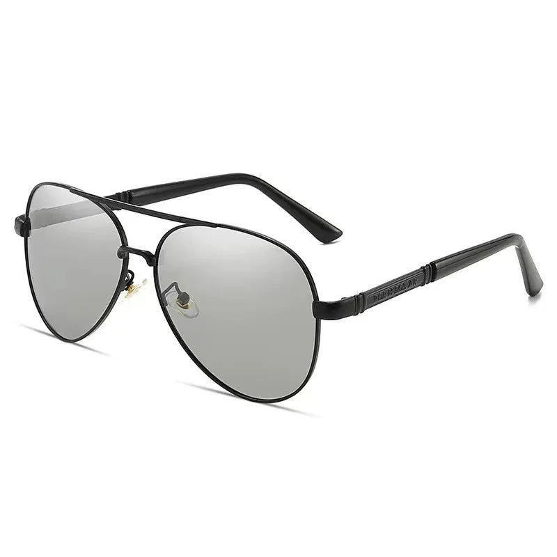 Men's metal-frame sunglasses with polarised or colour-changing lenses in gold, black, or silver.