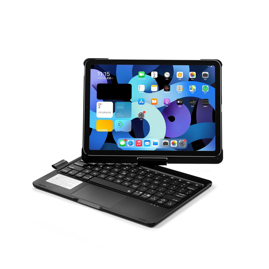 360-degree rotating Bluetooth keyboard with touch backlight for iPad Pro and Air models in black, rose gold, or silver