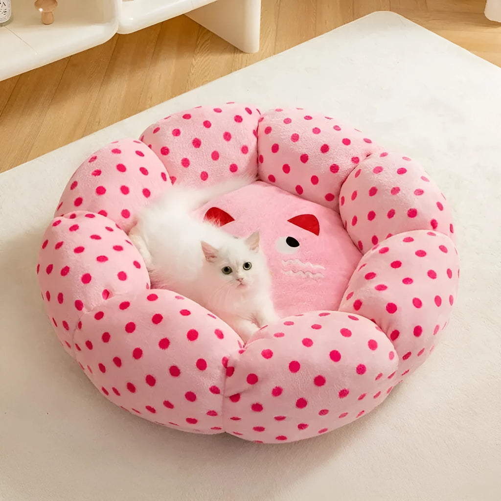 Pink dot pattern fabric cat bed for pets, shown in 45cm and 65cm diameter sizes