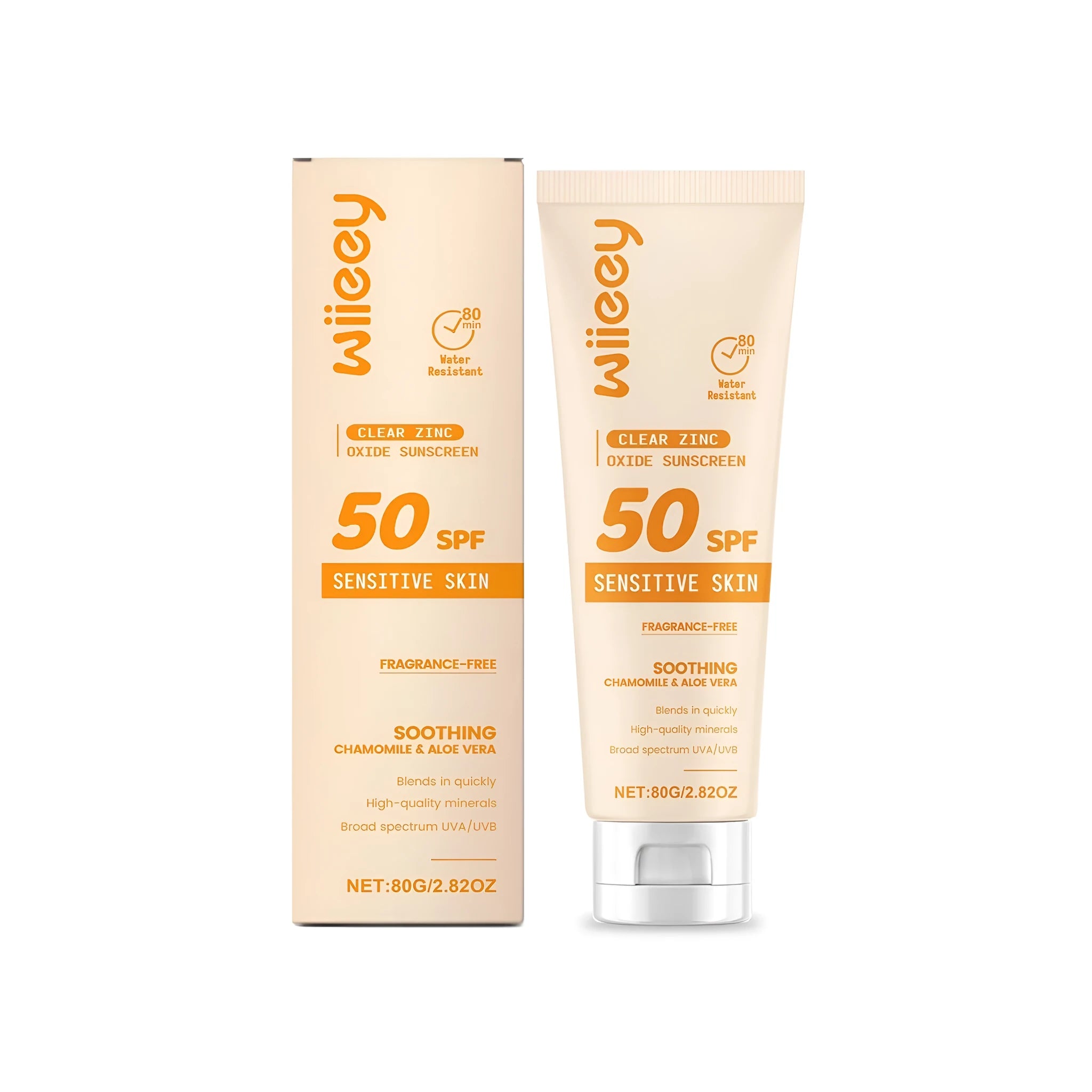 Clear zinc oxide sunscreen tube with 80g size and mineral protection formula