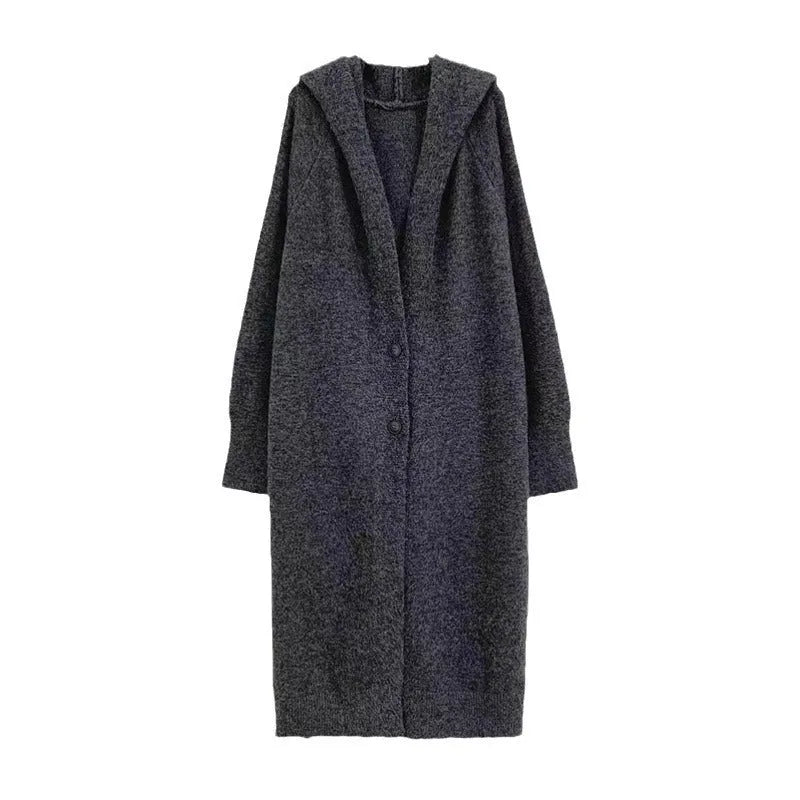 Korean style hooded long knitted cardigan for women in oatmeal colour, below knee length