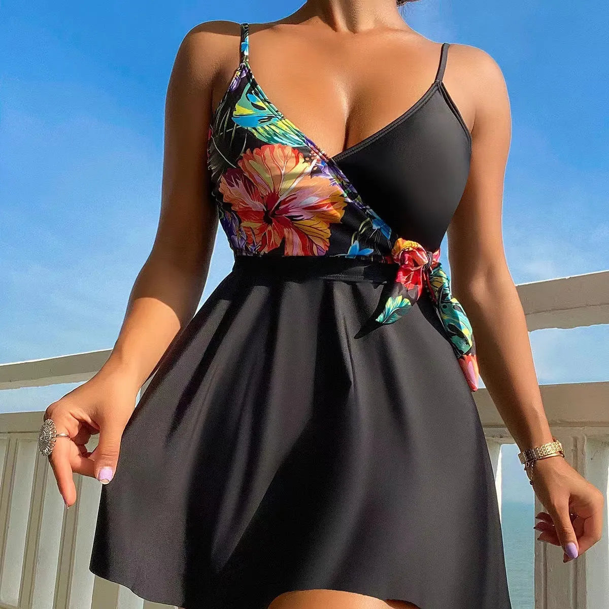 Black women's high waist briefs split bikini for sports and swimming activities.