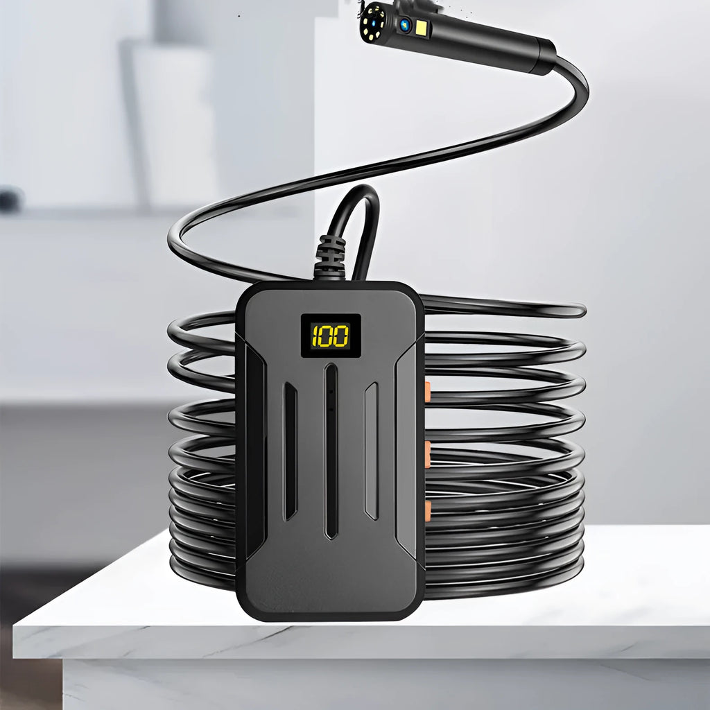 Wireless dual lens endoscope with 5.5mm and 8mm probes, magnet and hook accessories, smartphone display