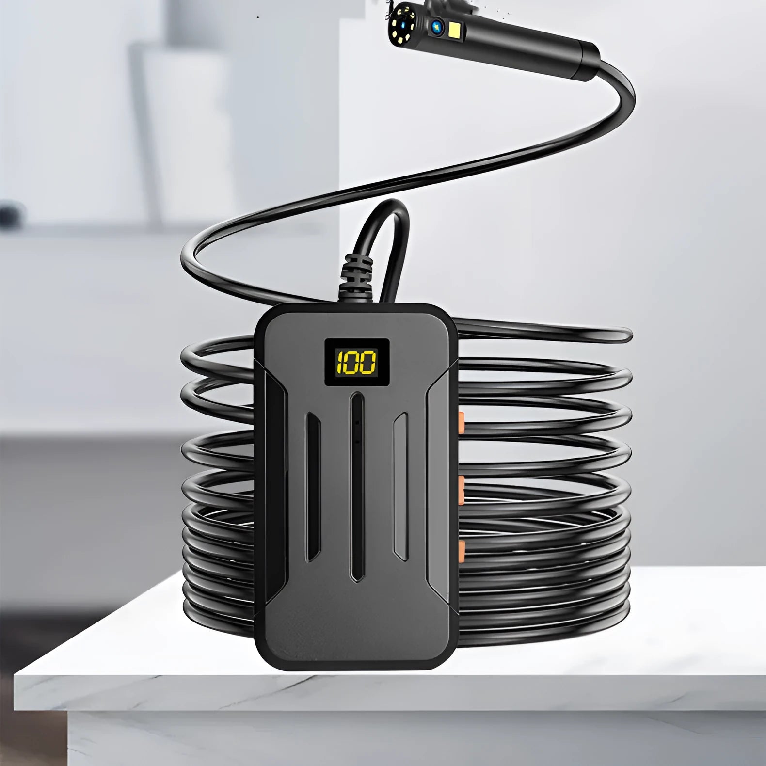 Wireless dual lens endoscope with 5.5mm and 8mm probes, magnet and hook accessories, smartphone display