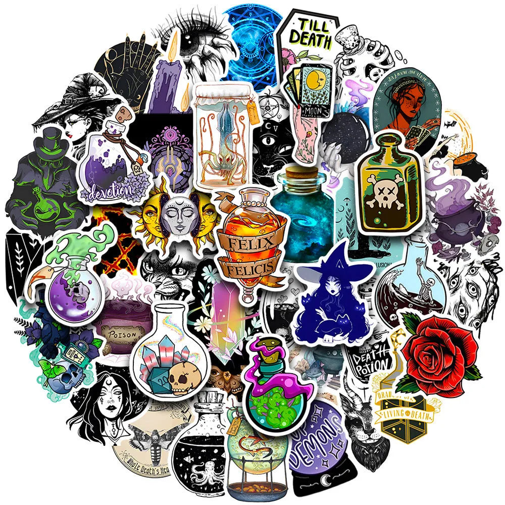 Pack of 50 colourful waterproof PVC glossy stickers for laptops and smooth surfaces.