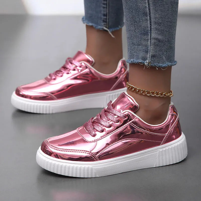 Gold sequins platform sneakers with round toe and 3-5cm heel height