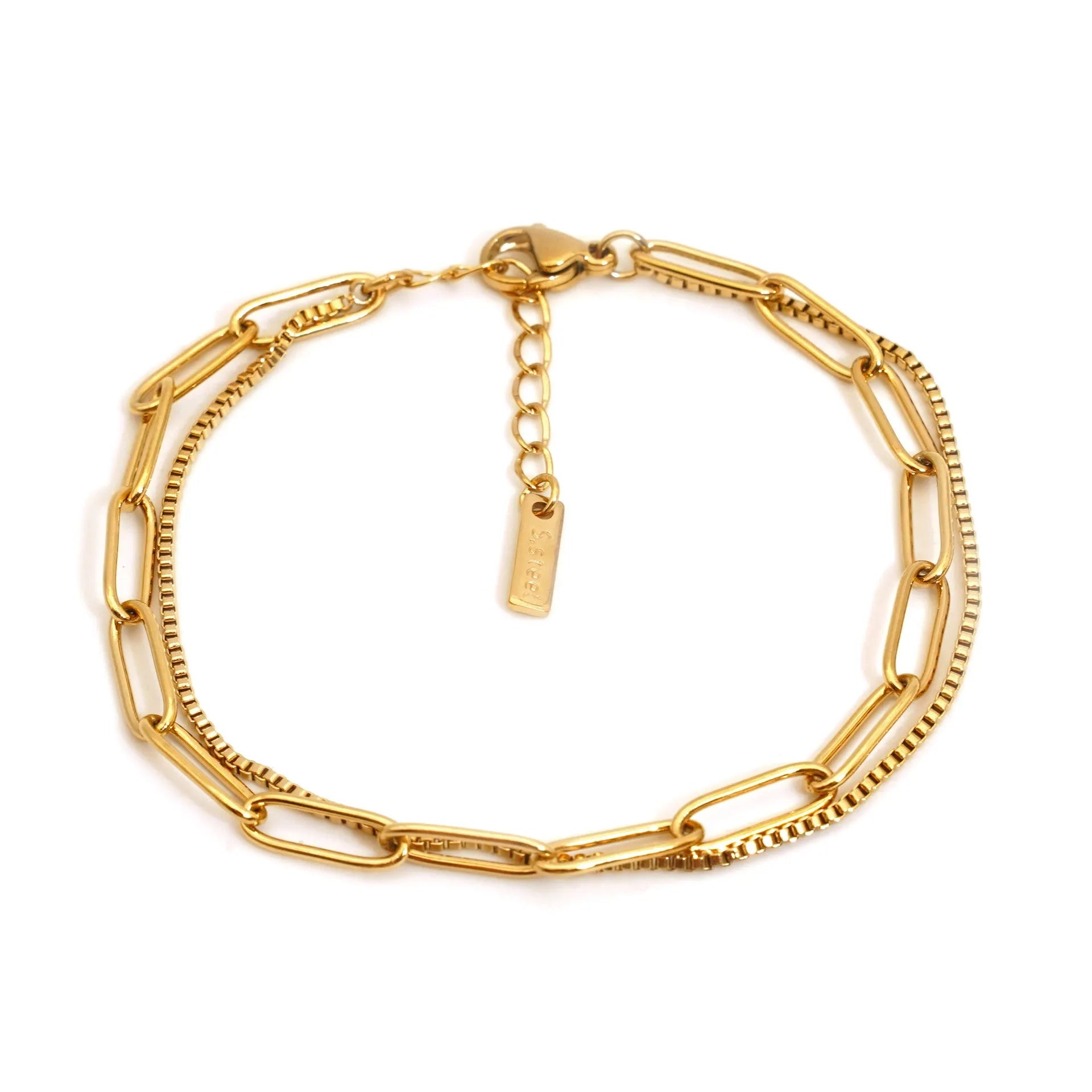 Double layer twin titanium steel bracelet in gold or silver colour with geometric line design