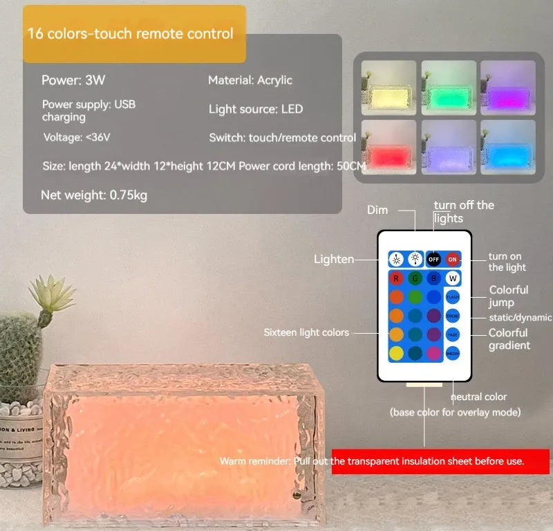 Geometric ice cube shaped acrylic night lamp with touch controls and colour changing lights