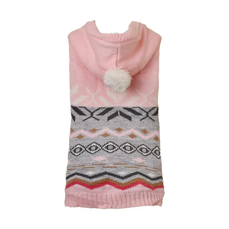 Blue knitted dog sweater with a diamond pattern on a small dog model.