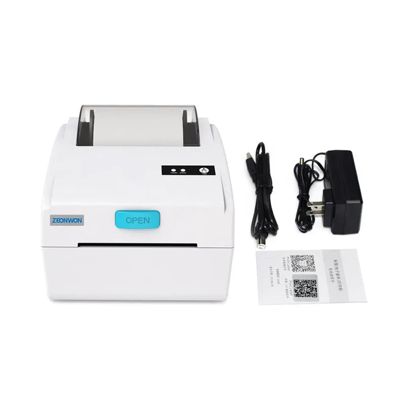 White compact thermal label printer with USB port and Bluetooth connectivity.
