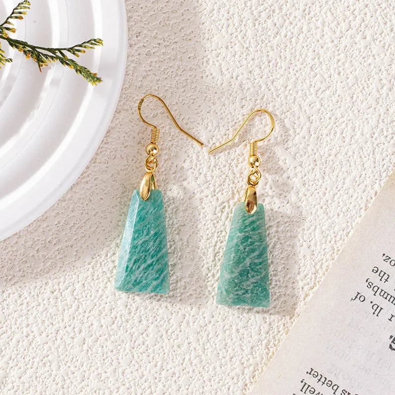 Amazonite rough stone trapezoid geometric earrings with gold or silver plating