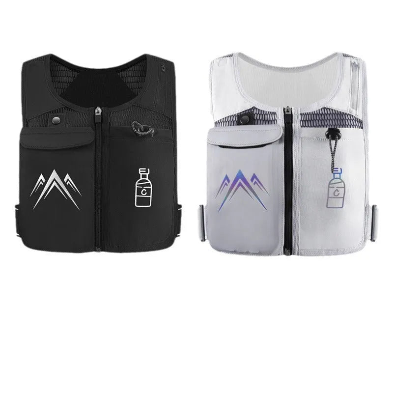 Breathable mesh sports running vest with phone pocket shown in classic black colour