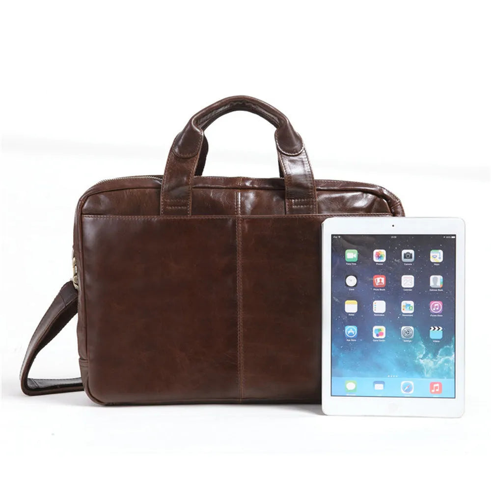 Brown first layer cowhide leather business briefcase with 18-inch laptop compartment