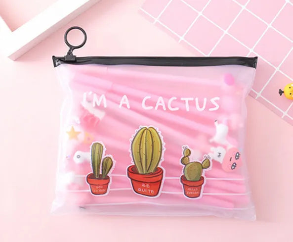 Twenty colourful cartoon cactus design 0.5mm black ink pens in plastic storage case measuring 21 by 17 centimetres