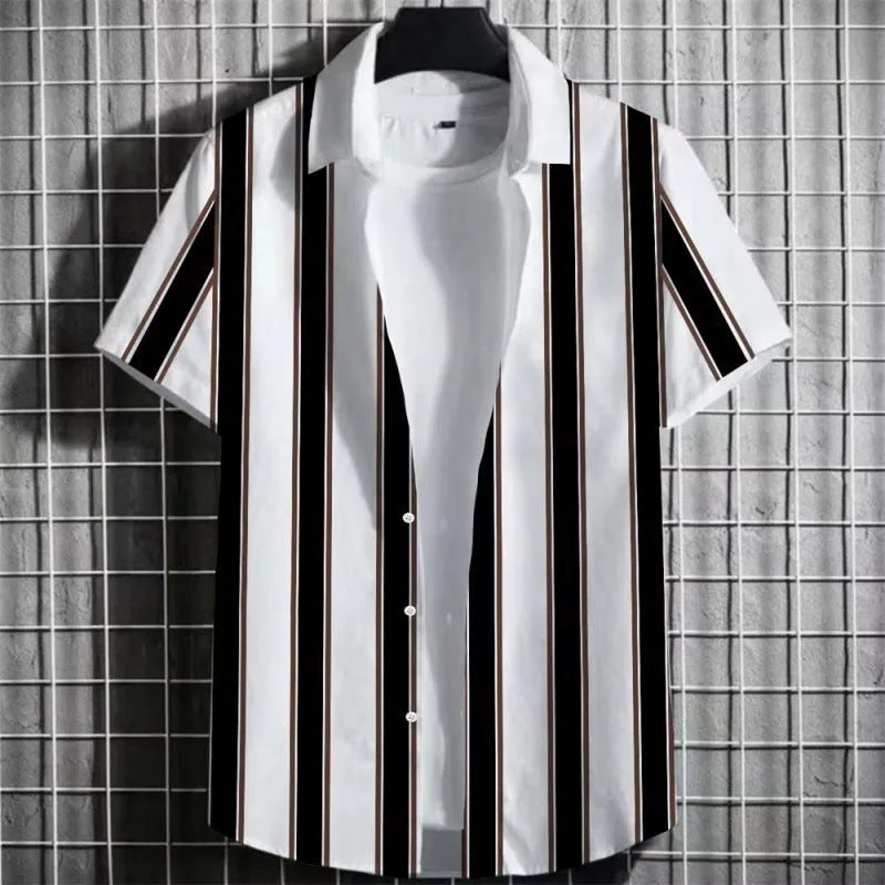 Men's striped linen t-shirt with 3D printing pattern in short sleeve design