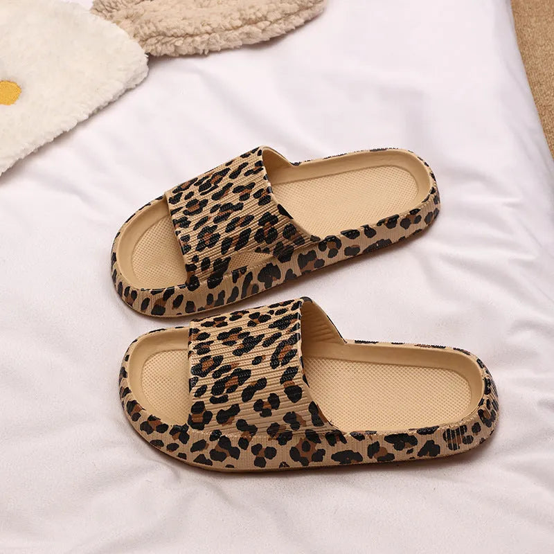Women's leopard print slippers with thick EVA sole in multiple colour options.