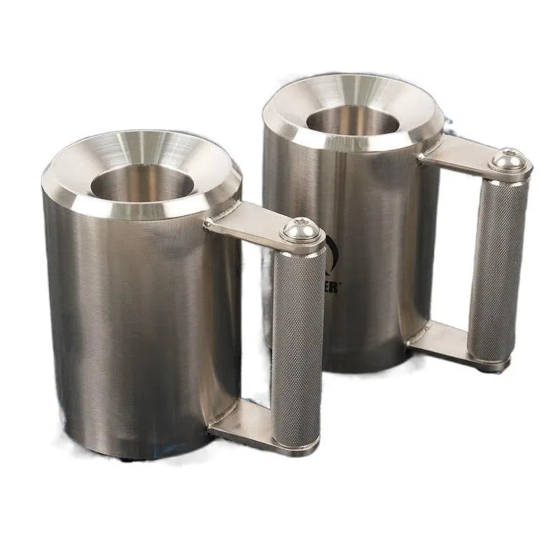 Silver stainless steel dumbbell cup weight plate weighing 8kg on a gym floor.