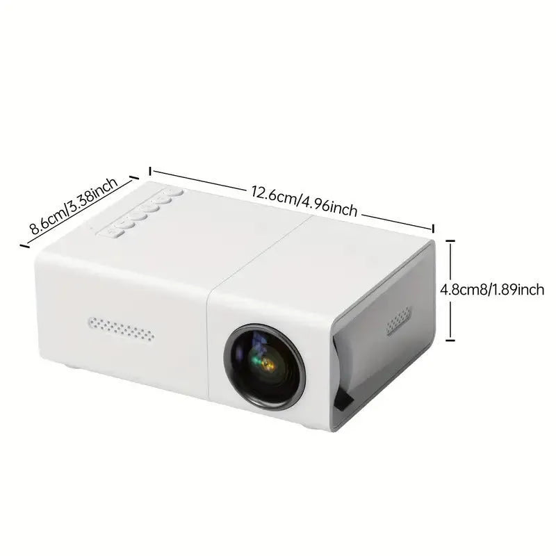 M100 mini LED projector showing 100-inch projection with remote control and cables