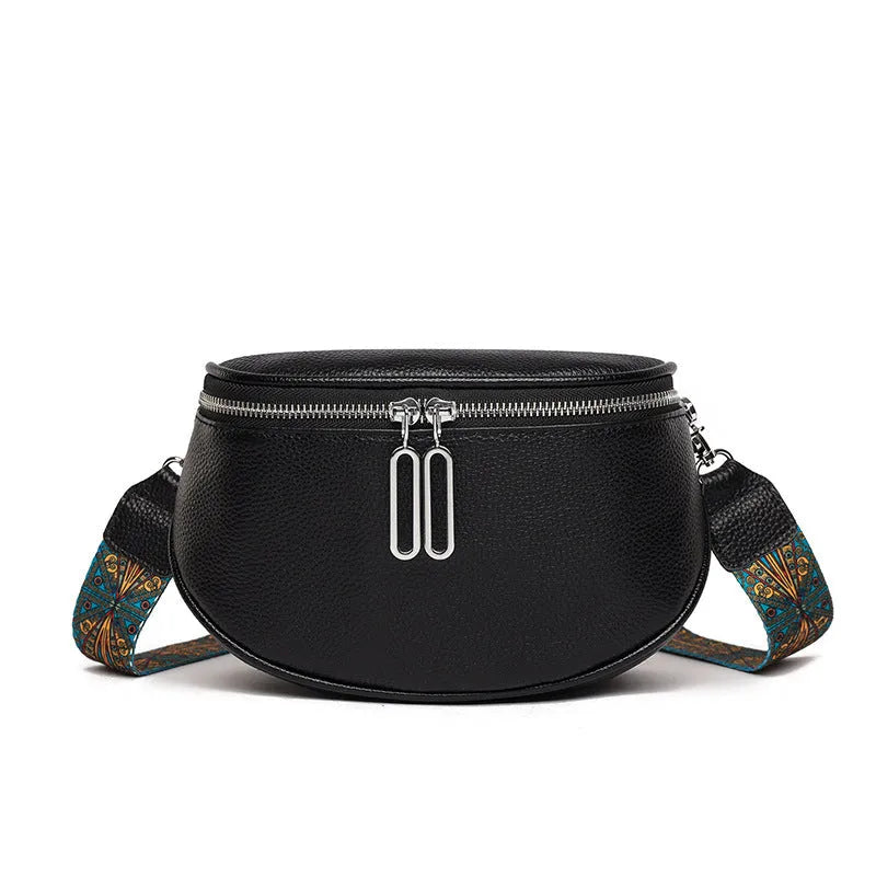 Women's soft PU leather messenger bag in saddle shape with single shoulder strap and sewing line details