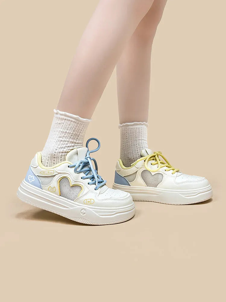 Meow Rabbit Sea Salt Cheese colour mesh sneakers with lace-up closure and thick rubber sole