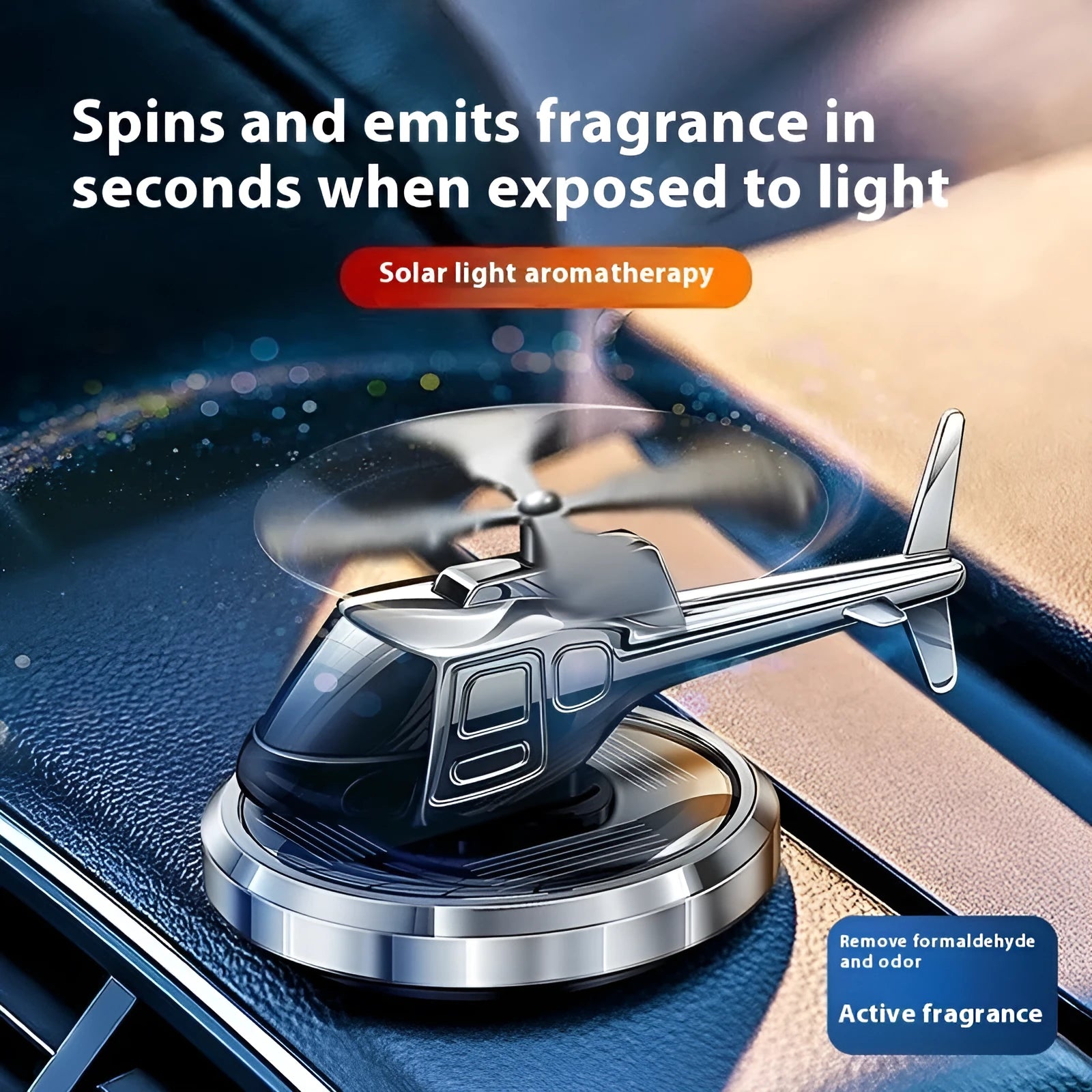 Solar-powered rotating metal car air freshener decoration in silver, black or blue colour
